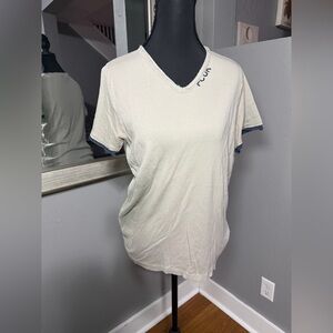 FCUK Jeans V-Neck beige navy trim FCUK rough hem Y2K Shirt XS.